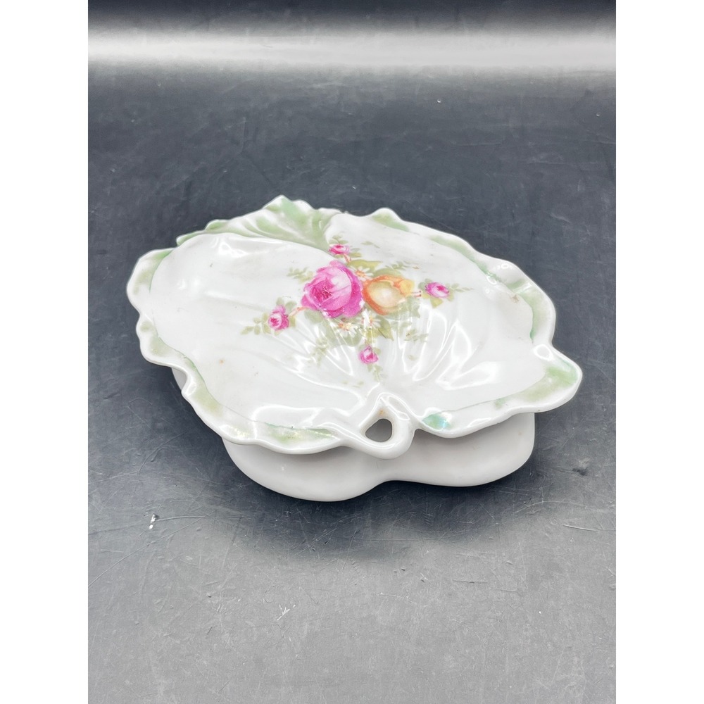Antiqueβ R&S Germany Porcelain Trinket Box Leaf Dish Rose Floral Lidded 4.25"